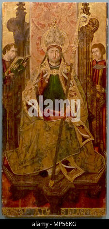 San Blas . Español : La obra représen al Obispo San Blas de espaldas en un trono junto al que se hallan dos. diáconos . Vers 1480. 1281 Saragosse - Museo - San Blas