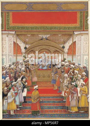 . Anglais : Le Delhi Darbar de Akbar II (r. 1806-1837). L'Inde, Delhi School, Mughal, peint sur ivoire, représentant une Une II assis sur un trône du paon dans un pavillon d'or entouré de courtisans y compris ses fils l'avenir Bahadur Shah et Mizra Jahangir, et assisté par le résident britannique, Sir David Ochterlony dans un chapeau tricorne ivoire sculpté ; avec châssis en relief représentant des scènes de divinités hindoues y compris : Rama et Sita, Hanuman, Vishnu, Shiva, Saraswati, Brahma, et Parvati avec Ganesha entrecoupées de volutes de Droit : 14 5/8 x 10 7/8 in. (37,1 x 27,7 cm.) ; l'ivoire avec fram Banque D'Images