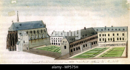 . Anglais : Maastricht, Pays-Bas. Dimensions de l'ancienne église dominicaine et le monastère, dissous en 1794, plus tard utilisé comme une école secondaire. L'église est maintenant utilisé comme un magasin de livre ; le monastère ont été en grande partie démoli. Dessin de Philippe van Gulpen, ca 1850. 5 février 2014, 00:58:11. Philippe van Gulpen, ca 1850 Dominicanerklooster 838, Maastricht (1850) Banque D'Images