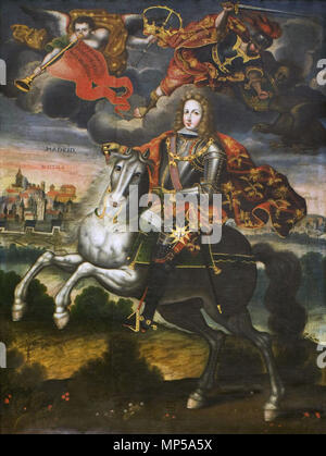 Le roi Louis I d'Espagne à cheval (fait à Cuzco (Pérou) * * huile sur toile 202 x 155 cm *ca 1724 le roi Louis I d'Espagne à cheval, par l'artiste péruvienne inconnu 766 Le roi Louis I d'Espagne à cheval, début du 18e siècle. Péruvienne, Philadelphia Museum of Art Banque D'Images