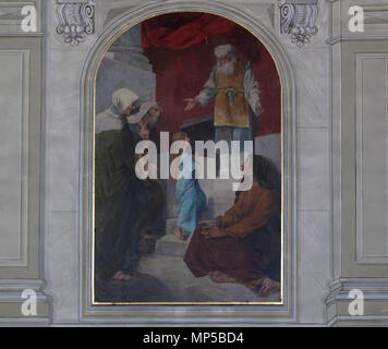 . English : Alsace, Bas-Rhin, Église Notre-Dame-de-l'Assomption de Monswiller (IA00055527). Tableau 'Vie de la Vierge" : Présentation de Marie au Temple (Martin FEUERSTEIN, huile sur toile marouflée, 240x150, 1882). Cet objet est classé Monument Historique dans la base Palissy, base de données du patrimoine mobilier français du ministère français de la culture, sous la référence PM67000625 et IM67003541. Brezhoneg | Français | Deutsch | English | Español | Français | English | Deutsch | Italiano | Português | Plattdüütsch |  +/- . 9 avril 2014. © Ralph Hammann - Wikimedia Commons 903 Monswiller N Banque D'Images