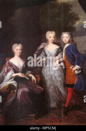 Svenska : Maria Lovisa (1688-1765), av prinsessa Hessen-Kassel och Nassau-Dietz-Oranien samt hennes barn Anna Charlotta Amalia (1710-1777), av prinsessa Nassau-Dietz-Oranien och Vilhelm IV (1711-1751), prins av-ståthållare Nassau-Dietz Oranien och av Praha . Nederlands : Maria Louise van Hessen-Kassel, weduwe van stadhouder Johan Willem Friso rencontré haar twee kinderen. . 1726. 862 MarijkeMeumetKinderen Banque D'Images