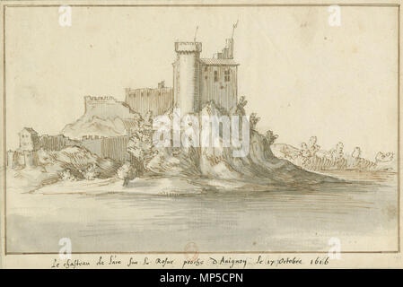 Le chasteau de L'aire sur le Rosne proche d'Avignon le 17 octobre 1616 // Veüe du Château de Lair sur le Rône // prés d'Avignon, le 17. d'oct. 1616 - Récolte . Anglais : Château de l'Hers sur la rive gauche du Rhône, dans la commune de Châteauneuf-du-Pape. Le château est vu depuis le sud-est. Bien qu'un château sur l'éperon rocheux existé par le 10e siècle, les ruines de date au plus tôt à la 12e siècle alors que la tour ronde date de la fin du 14e ou du début du 15e siècle. . 1616. Martellange 864 1616 Chateau de Lhers récolte 169 Banque D'Images