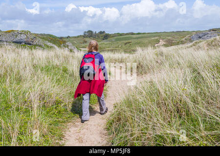 Walker crossing les dunes de sable au large de la plage du sud de l'Havre de la côte du Pembrokeshire, Pays de Galles de l'Ouest sur une journée ensoleillée Banque D'Images