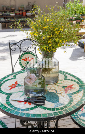 Une table de jardin et chaises en métal. Jardin extérieur. Banque D'Images