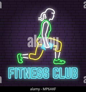 Club de remise en forme Neon Sign on brick wall background. Vector illustration. Haltères d'entraînement avec les femmes. Neon design pour les centres de fitness, gym emblèmes les panneaux concernant la santé et sport business. Publicité signe. Illustration de Vecteur