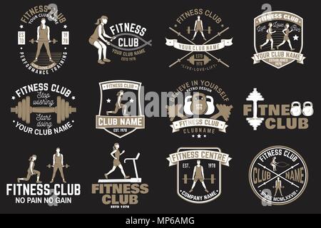 Club de remise en forme de badges. Vecteur. Pour les centres de fitness, gym emblèmes signes et d'autres. Fille courir sur le tapis roulant, machine girl avec des cordes, bataille d'entraînement d'haltères longues avec des femmes et de l'homme faisant des deadlifts Illustration de Vecteur