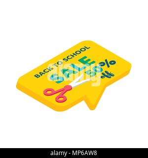 3D isométrique jeu de fournitures scolaires avec des ciseaux et de 50 pour cent. Vector Retour à l'école Vente de fond avec de la papeterie. Accessoires de bureau. Illustration de Vecteur