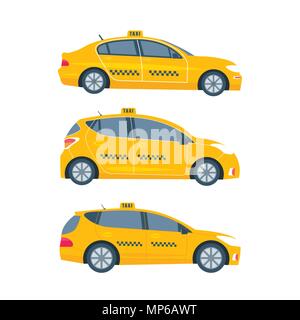 Différents types de linge cabine jaune isolé sur fond blanc. Service de taxi public concept. Télévision vector illustration. Illustration de Vecteur