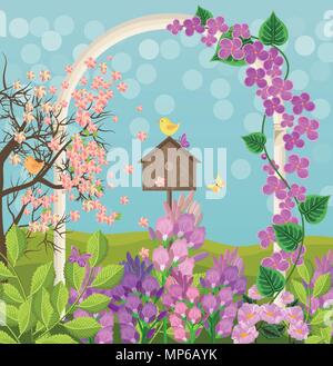 Belle carte de printemps avec maison d'oiseau Vector illustration Illustration de Vecteur