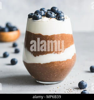 Chocolat en couches chia pudding avec du yogourt et des bleuets dans un verre. Vue rapprochée, carré petit Banque D'Images