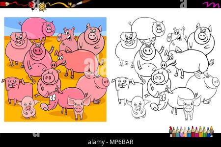 Cartoon Illustration de livre de coloriage cochons Groupe Activité Caractères Illustration de Vecteur