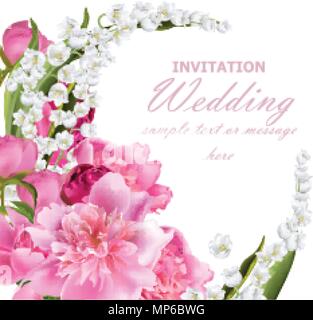 Fleurs de pivoine et de muguet bouquet. Mariage ou anniversaire modèle. Maison de l'arrière-plan. Vector illustration réaliste Illustration de Vecteur