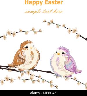 Carte Joyeuses Pâques avec Mignon vecteur modèle moineaux. Retro Vintage spring background Illustration de Vecteur