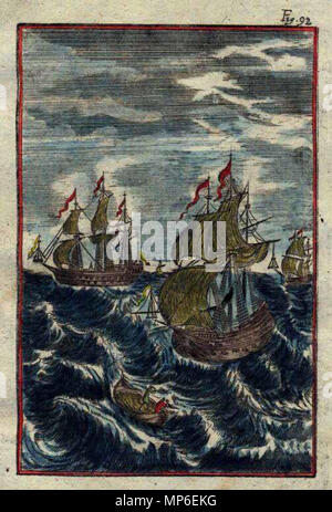 . Anglais : Vues par *UNITÉ* de certains des navires à voile de son époque, y compris celles des États-Unis ; d'une édition allemande de 1719, plus tard avec coloration main Source : ebay, 10 févr. 2006 . 1719. Mallet 847 Mallet1719fig92 Banque D'Images