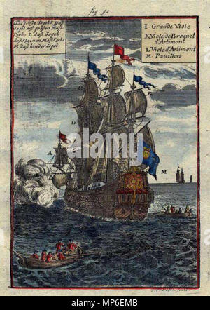 . Anglais : Vues par *UNITÉ* de certains des navires à voile de son époque, y compris celles des États-Unis ; d'une édition allemande de 1719, plus tard avec coloration main Source : ebay, 10 févr. 2006 . 1719. Mallet 847 Mallet1719fig95 Banque D'Images