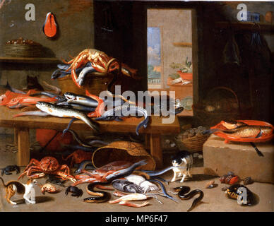 . Un homard, un esturgeon, une anguille et d'autres poissons sur une table avec un panier en osier, des chats et une tortue au premier plan avec d'autres poissons et d'animaux de la mer, un paysage à travers une porte au-delà de 704 Jan van Kessel still life Banque D'Images