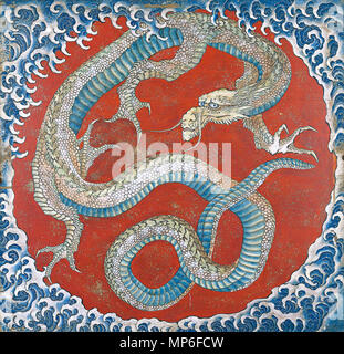 . Anglais : Dragon par Hokusai sur le plafond d'un festival, de flottement, Hokusaikan Obuse, Nagano, Japon 日本語 : 祭り屋台の天井絵 . 1844. Hokusai 875 Yatai Matsuri (Dragon Hokusaikan Obuse) Banque D'Images