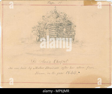 Livre d'esquisses de Saint Mary's, principalement par Soeur Maurice Schnell, avec certains par Soeur Saint Francis Xavier Lefer, Père Corbe et étudiants. . Anglais : La première chapelle Sainte-Anne sur le terrain des Sœurs de la Providence de Sainte Marie des bois, de l'Indiana, remplacée par la Chapelle Sainte-Anne Shell en 1876. Artwork par Sœur Maurice Schnell. . Entre 1847 et 1889. 1137 St Mary Sketchbook 19 - Chapelle de Shell Banque D'Images