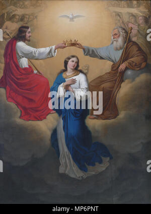 . English : Alsace, Bas-Rhin, Église Saint-Martin de Wilwisheim (IA67009226) Tableau "couronnement de la Vierge" (Caroline SORG, huile sur toile, 170cm de large, 1860) : Cet objet est indexée dans la base Palissy, base de données du patrimoine mobilier français du ministère français de la culture, sous la référence IM67013098. Brezhoneg | Français | Deutsch | English | Español | Français | English | Deutsch | Italiano | Português | Plattdüütsch |  +/- . 29 septembre 2016. © Ralph Hammann - Wikimedia Commons 1269 Wilwisheim 50-02 Terra... Banque D'Images