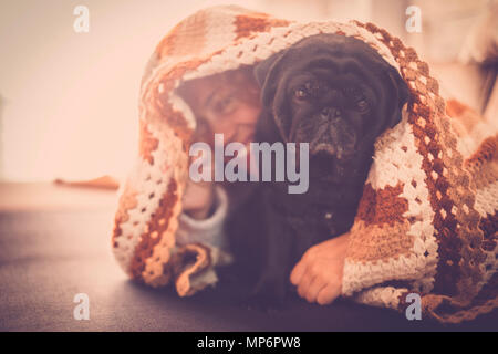 Caucasian woman cachée sous la couverture avec son chien pug noir. L'amour et l'amitié à la maison Banque D'Images
