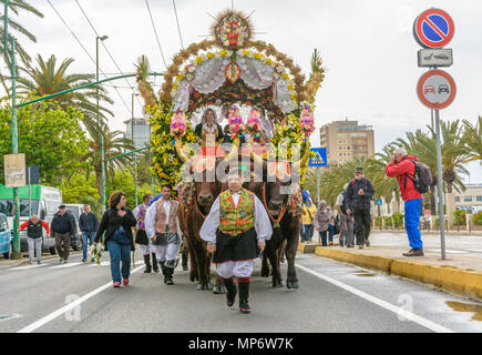 CAGLIARI, Italie - 1 mai 2018 : La célèbre fête de Sant'Efisio en Sardaigne. Défilé de la "Traccas', charrettes décorées paysan tirée par des bœufs. Banque D'Images