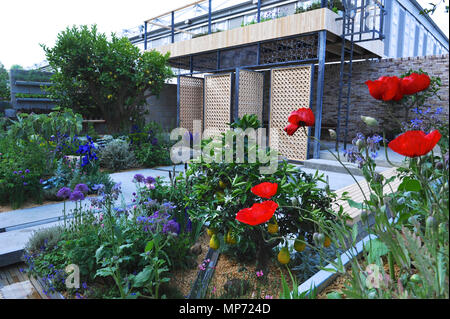 Londres, Royaume-Uni. 21 mai 2018. Le Lemon Tree Garden Trust (conçu par Tom Massey), l'un des beaux et élégants jardins afficher sur l'affichage à l'2018 RHS Chelsea Flower Show qui a ouvert ses portes aujourd'hui dans les 11 acres de terrain de l'Hôpital Royal de Chelsea, Londres, Royaume-Uni. Le jardin s'inspire de la résistance et la détermination des personnes dans les situations de migration forcée et le déplacement. Leur capacité à tirer le meilleur parti de dures conditions de vie et des paysages, et leur dévouement à créer des jardins et embellir leur espace personnel est profondément inspirante. Crédit : Michael Preston Banque D'Images