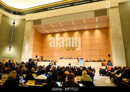 (180521) -- GENÈVE, 21 mai 2018 (Xinhua) -- Les délégués assistent à la 71th session de Assemblée mondiale de la Santé (WHA) à Genève, Suisse, le 21 mai 2018. L'Assemblée mondiale de la Santé (WHA) a dévoilé un plan ambitieux le lundi souhaitant bénéficier d'une population globale de 3 milliards de dollars à l'échelle mondiale pour les cinq prochaines années avec de meilleurs soins de santé et de bien-être. (Xinhua/Alain Grosclaude) (srb) Banque D'Images