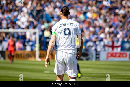 Montréal, Canada. 21 mai, 2018. Los Angeles Galaxy avant Zlatan Ibrahimovic (9) au cours de la Major League Soccer 2018 match de saison régulière entre l'Impact de Montréal et Los Angeles Galaxy, au Stade Saputo. Crédit : Pablo A. Ortiz / Alamy News Live Banque D'Images