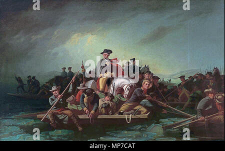 Anglais : Washington Crossing the Delaware . Anglais : Il s'agit d'une huile sur toile. Washington est au sommet d'une pyramide de chiffres, à cheval. Bingham fidèlement l'État de Washington et son équipage à cheval sur un large, à fond plat, raftboat grâce à l'eau glacée ; le bateau semble se diriger directement vers l'observateur. . Entre 1856 et 1871 circa circa. 1252 Washington Crossing the Delaware 1856-71 George Caleb BinghamFXD Banque D'Images