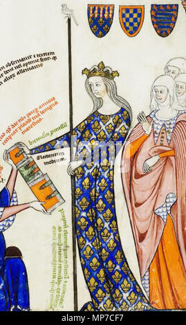 . English : Jeanne II de Bourgogne, comtesse de Bourgogne, reine de France et de Navarre (épouse de Philippe V de le Long, roi de France) Détail d'une enluminure tirée du 'Breviculum seu electorium parvum' de Thomas le Myésier Badische Landesbibliothek Karlsruhe,,, Saint Pierre Gret. 92, fol. 12r Français : Joan II, comtesse de Bourgogne, Reine de France et de Navarre, (femme du roi Philippe V de France) Miniature (détail) de 'Breviculum seu electorium parvum" de Thomas le Myésier Badische Landesbibliothek Karlsruhe,,, Saint Pierre Gret. 92, fol. 12r . vers 1325. Inconnu au début de 14e siècle, l'artiste mayb Banque D'Images