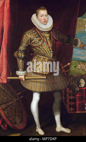 Deutsch : König Philipp III.(1578-1621) von Spanien, Bildnis dans ganzer general der Infanterie als Figur (Im Hintergrund : Die Belagerung von moulins 1601-1604) Deutsch : um 1601/1602 . 748 Juan Pantoja de la Cruz 8139 FXD Banque D'Images