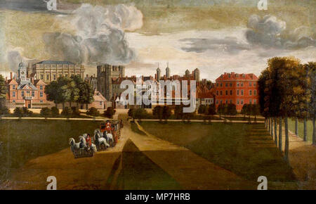 L'ancien palais de Whitehall . Anglais : La vue est de l'ouest. Malgré les apparences Cette peinture montre un seul palais. Banqueting House est sur la gauche. Español : Esta es vista desde el oeste. A pesar de las apariencias, esta pintura de Hendrick Danckerts muestra solo onu palacio de este conjunto. La Casa de los banquets (cuya construcción fue en completada 1622) es la que está a la izquierda. Français : Le palais de Whitehall par Hendrick Danckerts, vue de l'ouest. La Maison des banquets est à gauche. 1178 L'ancien palais de Whitehall par Hendrik Danckerts Banque D'Images