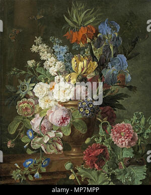 . Anglais : Une nature morte d'un Fritillaria imperialis, roses, tulipes, morning glory, une anémone, auriculas, iris et une passion fleur dans un vase en pierre sur une corniche en marbre rouge, de coquelicots et papillons . une 3ème [1794-95]. 697 Jan Frans van Dael un 3 Banque D'Images