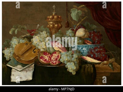 Nature morte avec fruits, un violon, la musique, un verre de vin, et un gobelet d'or entre 1648 et 1675. 700 Jan Pauwel Gillemans (I) - still life with fruits, un violon, la musique, un verre de vin, et un gobelet d'or Banque D'Images