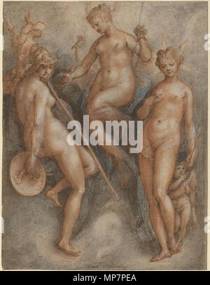 Jan van der Straet (Flamand, 1523 - 1605 ), trois déesses : Minerve, Junon et Vénus, c. 1587, plume et encre brune et noire et rouge avec une craie blanche sur papier vergé, Pepita Milmore Memorial Fund 1973.31.1 trois déesses : Minerve, Junon et Vénus vers 1587. 703 Jan van der Straet - trois déesses Minerve, Junon et Vénus (1587) Banque D'Images