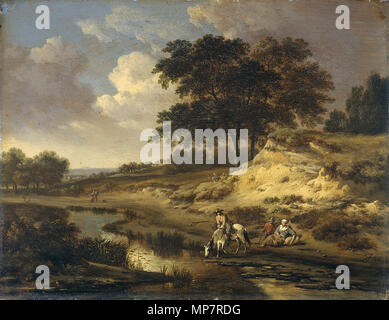 Paysage avec un cavalier d'arroser son cheval entre 1646 et 1684. 706 Jan Wijnants - Landschap met een ruiter, die zijn paard drenkt Banque D'Images