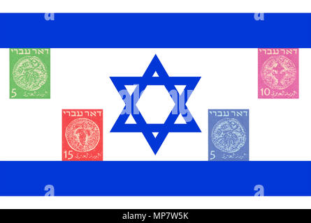 Amélioration de l'image numériquement Doar Ivri israélien (Hébreu) Post Stamps de 1948 sur fond d'un drapeau israélien Banque D'Images