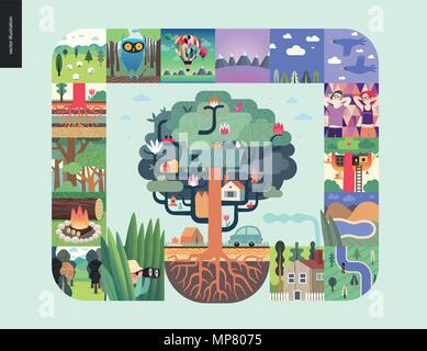 Des choses simples - forest situé sur un fond de menthe - télévision cartoon vector illustration de Hunter, arbres, bois, forêt, racines, des moutons, des terriers, des ballons d'air Illustration de Vecteur