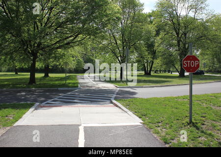 Intersection d'une piste cyclable et de marche avec une route de voiture par une journée ensoleillée. Banque D'Images