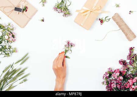 La main de femme tenant une petite fleur parmi les bouquets, cadeaux et épillets sur fond blanc, vue d'en haut. Fleuriste été mise à plat arrangement. Banque D'Images
