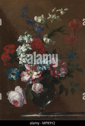 . Bouquet de fleurs dans un vase en verre sur les corniches de marbre (l'un d'une paire) huile sur toile, 46 cm par 33,5 . 17e siècle. 713 Jean-Baptiste Monnoyer Bouquet de fleurs dans un vase en verre Banque D'Images