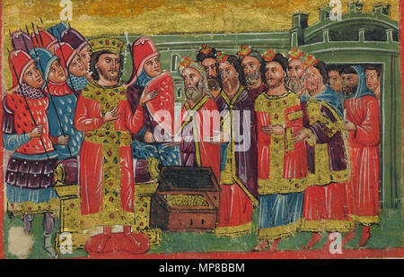 . Anglais : Portrait d'un quatorzième siècle manuscrit grec miniature représentant des scènes de la vie d'Alexandre le Grand. Les prêtres des Juifs (rabbins) offrent Alexandre le Grand l'or et l'argent, Alexander a passé les dons de l'Rabbi's sur ses dieux. Toute la scène est représenté entièrement en mode byzantine de la fin de l'Époque byzantine (1204-1453). Alexandre le Grand est dépeint comme un empereur byzantin (Basileus) et ses troupes sont décrits comme Byzantine-Greek soldats de la 14e siècle. Les rabbins juifs (debout à droite) sont indiqués les insignes distinctifs de robes de cérémonie et petit Banque D'Images