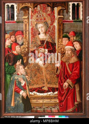 Santa Helena reunida con los judíos. Español : La obra représenta un Santa Helena de Constantinopla, Madre del Emperador Constantino, sentada en su trono y acompañada por varios judíos. Anglais : retable de la Sainte Croix (Retable de la Santa Cruz) ; Église de Blesa, Aragon, Espagne. Ce panneau affiche Saint Helena intronisé parmi les Juifs. Helena porte une trigregnum, symbole qu'elle représente l'Église catholique dans sa quête de la Vraie Croix. L'Espagnol-gothique ; huile sur bois, c.1481-1487. . Entre 1483 et 1487 circa circa. 719 Jimenez-Santa Helena y judios Banque D'Images
