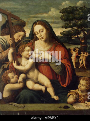 Vierge à l'enfant avec les Saints Jean le Baptiste et Jean l'Évangéliste entre 1550 et 1570. 721 Joan de Joanes - Vierge à l'enfant avec les Saints Jean le Baptiste et Jean l'Évangéliste - WGA12063 Banque D'Images