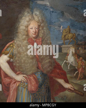 . Deutsch : Portrait des Wahrscheinlich Maximilian II. Johann Franz Graf von Preysing-Hohenaschau (1643-1718) als antiker Feldherr mit der Reiterstatue des kaisers Marc Aurel und einem Rossebändiger. . 17e siècle. 723 Johann Andreas Wolff (attr) Portrait wohl Maximilien II von Preysing Banque D'Images