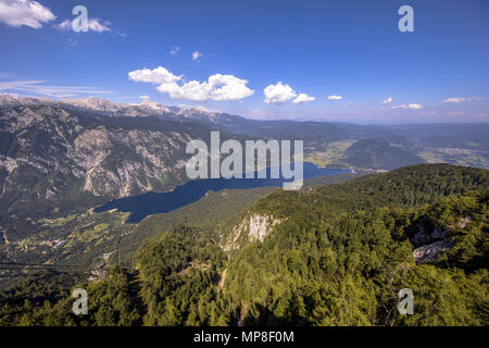 Vue aérienne du lac de Bohinj, dans les Alpes Juliennes en Slovénie Banque D'Images