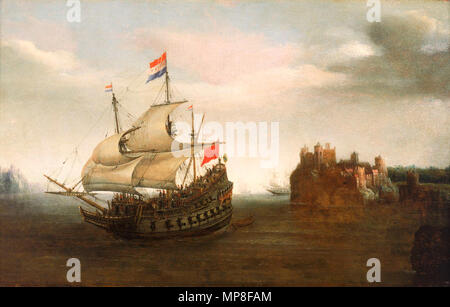 Légende originale : " un château avec un navire naviguant à proximité " . Anglais : Cette peinture montre un navire néerlandais sur les eaux calmes. Le navire se déplace dans un canal, le remorquage d'un bateau. Le pont est plein de chiffres tous face à la proue du navire. Le bateau est représenté à Port-bow view, comme si à propos de passer devant le spectateur, affichant son observé minutieusement la vie animée sur le pont. Il est battant pavillon néerlandais du mat principal et un drapeau rouge avec un périphérique dans l'or à l'arrière. La vue s'étend à l'horizon, baigné par la lumière grâce à la chatoyante fine couche de nuages. Dans la distance la scène est flanqué sur Banque D'Images