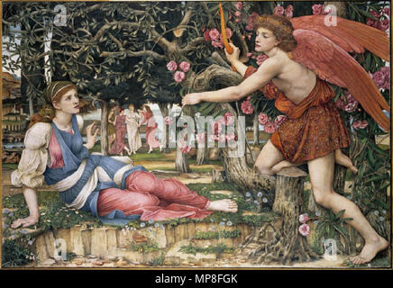 L'amour et la jeune fille. L'amour et la jeune fille (1877) par John Roddam Spencer Stanhope. Tempera, peinture or et feuille d'or sur toile. Signé (sur tronc d'arbre) avec des initiales et datée du : 'RSS' 1877 ; également inscrite sur civière : 'Love & the Maiden / PAR / RS / 4 Stanhope Place Harley / S. W.' Fine Arts Museums, San Francisco. 1877. 734 John Roddam Spencer Stanhope - Amour et la jeune fille Banque D'Images