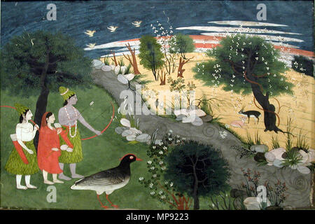 . Anglais : Série Titre : le voyage de Rama de nom : Ramayana Afficher Artiste : Tara Chand Date de création : ca. Affichage 1845 Dimensions : 10 po x 13 1/32 25/32 in. (25,5 cm x 35 cm) de la ligne de crédit : Edwin Binney 3ème Numéro : 1990.1204 Collection :  <a href ='http://www.sdmart.org/art/our-collection/asian-art' rel ='nofollow' >Les San Diego Museum of Art </a > . 18 septembre 2001, 08:56:50. Anglais : thesandiegomuseumofartcollection 1041 Rama, Sita, et Lakshman dans la jungle (6125129762) Banque D'Images